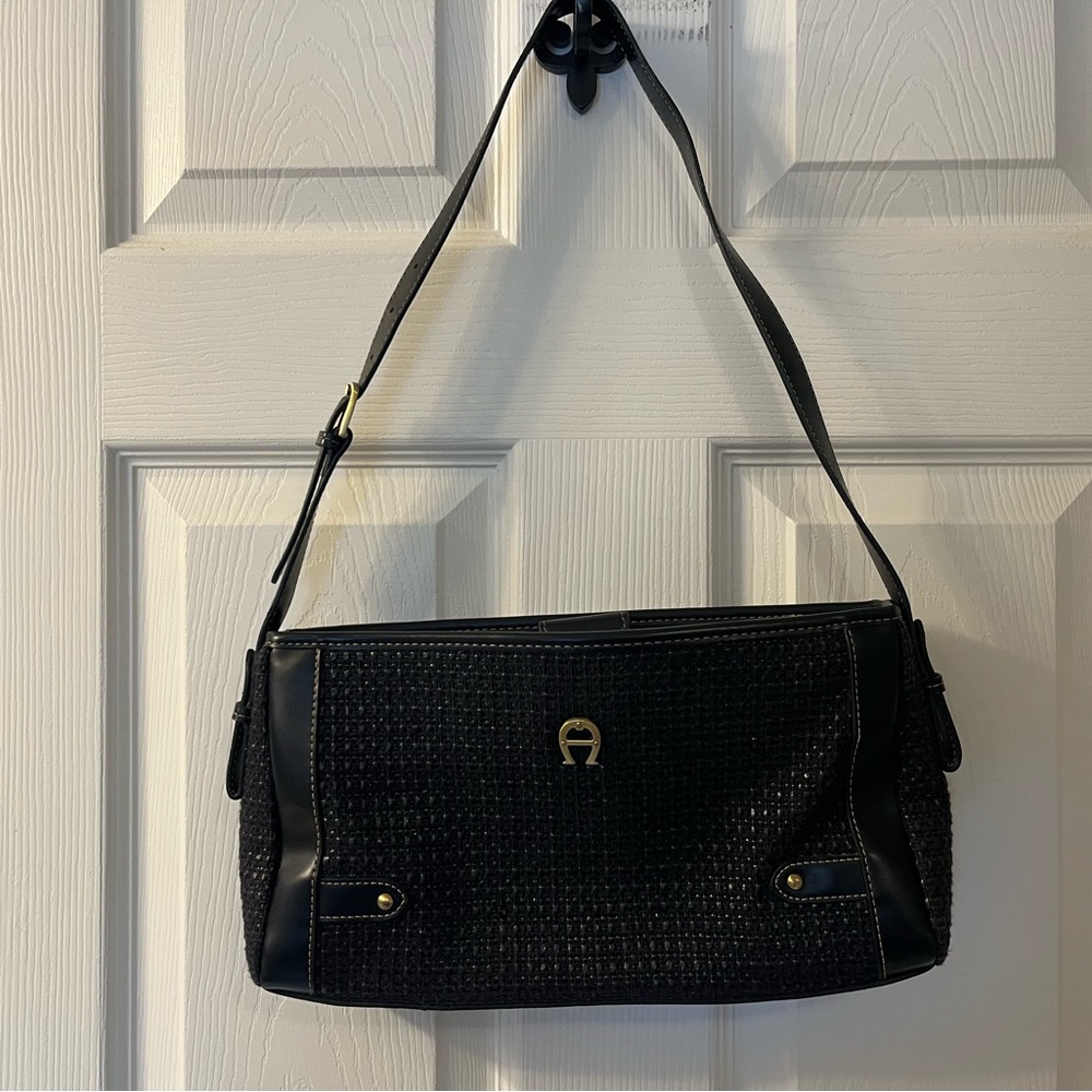 Etienne Aigner vintage Black woven Women's Shoulder Bag with brass Accents